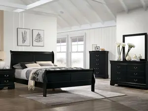 Louis Phillipe FM7866BK-4PC 4 pc Black Finish Wood Sleigh Queen Bedroom Set with Bed Headboard 2 Side Tables Dresser Mirror for Elegant Modern Design