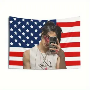 Hyunjin Cute Hairstyle American Flag Tapestry - Stray Concert Banner, Dorm Decoration Featuring Red, White, And Blue Design, Perfect for Fans And K-Pop Merchandise, Fan Items | Patriotic Design | Durable Fabric Home Decor Gifts Outdoor Gatherings