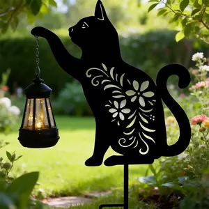 Metal Cat Stake with Solar Lights Outdoor Decorative,Black Cats Lawn Ornaments,Womens Gifts Unique,Garden Silhouette Animal Decor (Cat)