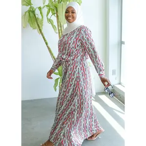 Red Trellis Drawstring Dress - Long Sleeve Casual Dress with Button Fastening, Faux Fabric, and Eyelet Pattern