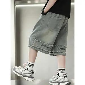 NewBoys' New Style Denim Shorts/Midi Pants for Summer, Autumn, and Spring, Cool and Stylish Letter Print Lightweight Jeans
