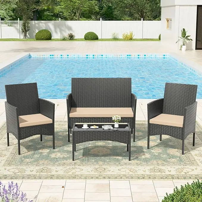 Kullavik Outdoor Patio Furniture Set,PE Wicker Rattan Chairs Garden Conversation Sets with Tempered Glass Table and Soft Cushions for Lawn,Pool or Bac