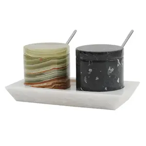Handmade Natural Marble Salt Cellar with Tray- Set of 2