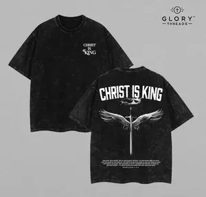 Men's Ribbed Cotton Christ Is King Christian Washed T-Shirt - Classic Casual Day Apparel, Oversized Gym Streetwear, Unisex Christian Top for Easter