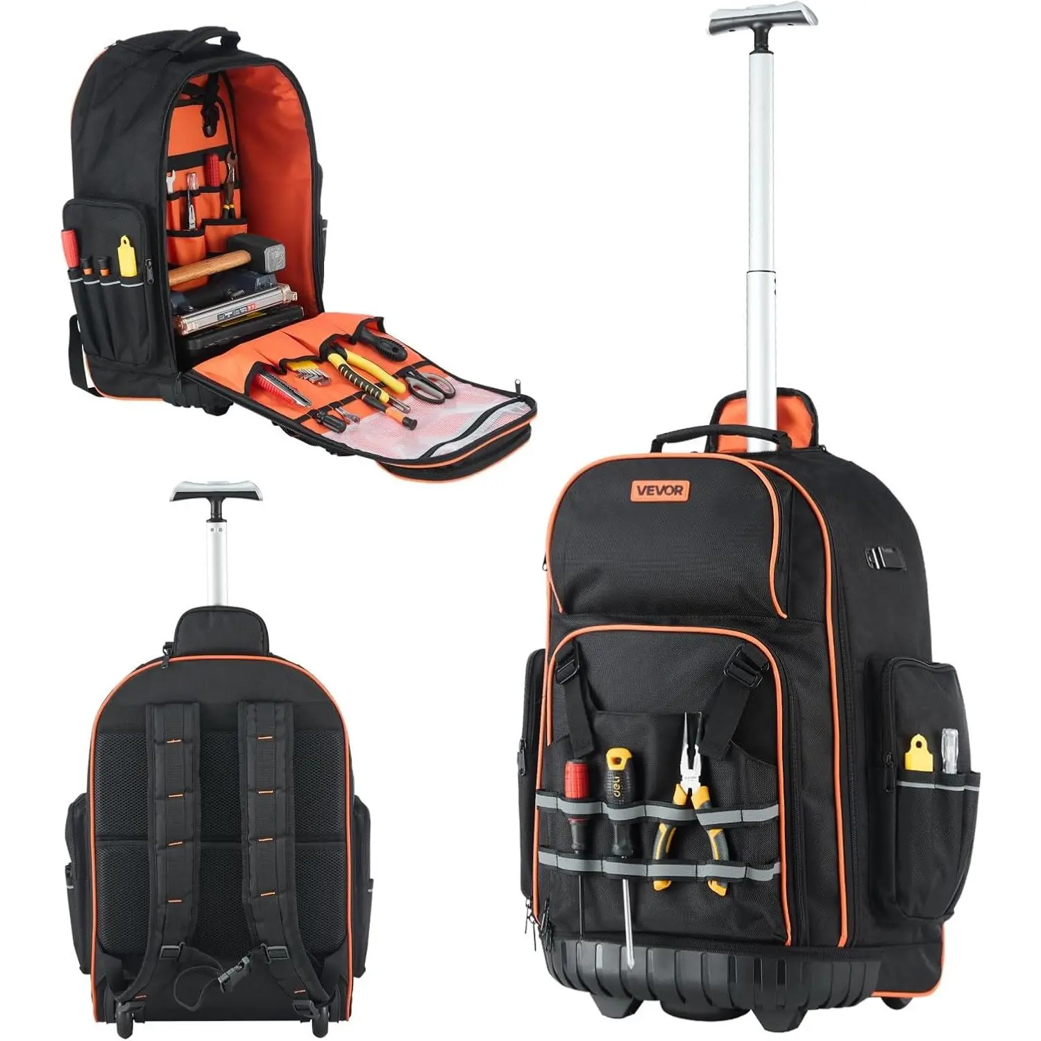 VEVOR Rolling Tool Backpack, 110 lbs Load Capacity, 72 Pockets Heavy Duty Roller Tool Bag on Wheels, Adjustable Telescoping Handle & Stable Base, Toolbag Organizers for Construction, Mechanic