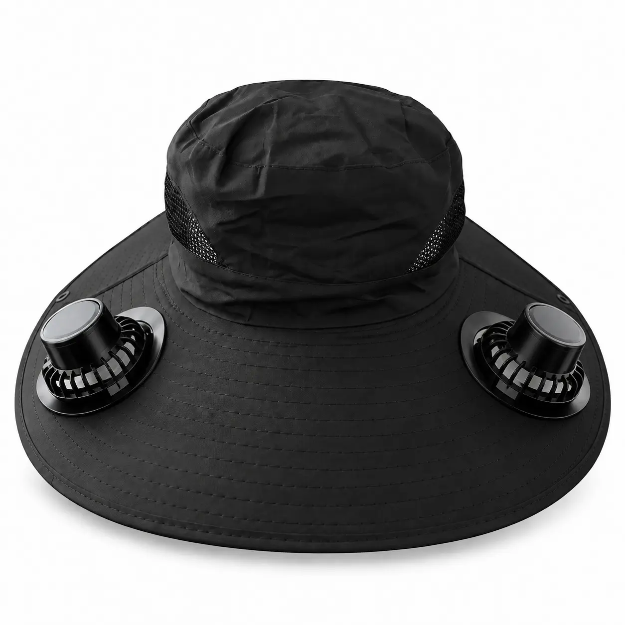 Unisex Black Wide Brim Sun Hat with Dual Built-in Fans, Mesh Ventilation, Hands-Free Cooling for Hiking/Fishing, Outdoor Work and Activities