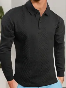 Men's Fashion Casual Business Polo Shirt, High-End Solid Color Jacquard Collar Long Sleeve, Essential Golf Tennis Wear, Breathable Warm