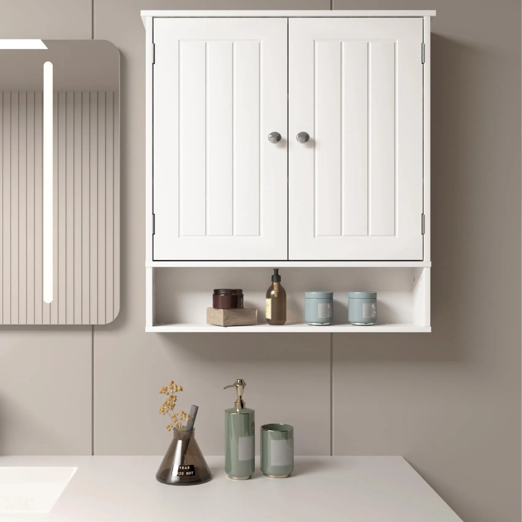 Multi-Use White Wall Mount Storage Cabinet - Indoor Furniture Cupboard for Bathroom, Laundry Room Organization