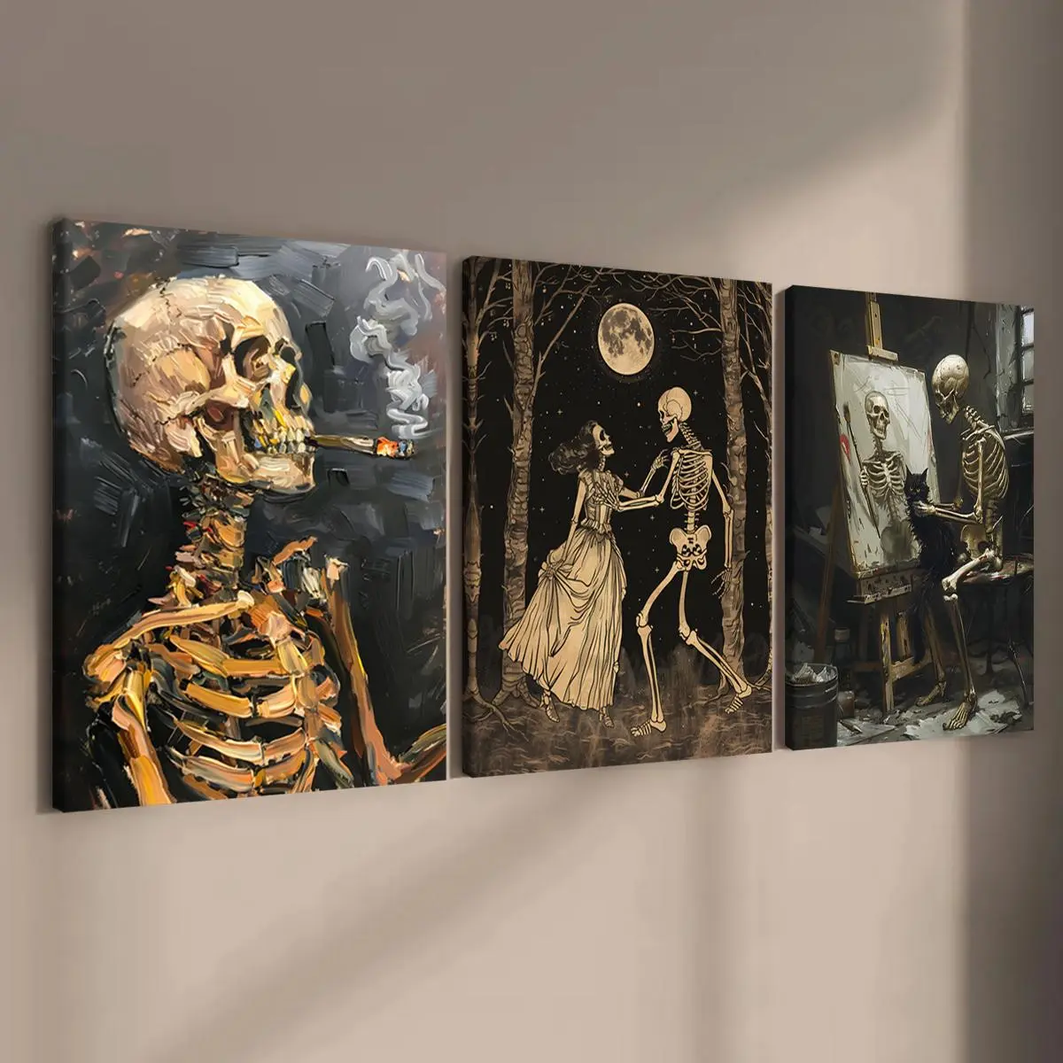 Skeleton Pattern Wooden Framed Canvas Painting, Wooden Wall Art, 3 Counts/set Funny Skeleton Man Decoration Items, Halloween Decorative Painting for Home Office School Dormitory Dining Room, Modern Home Decor