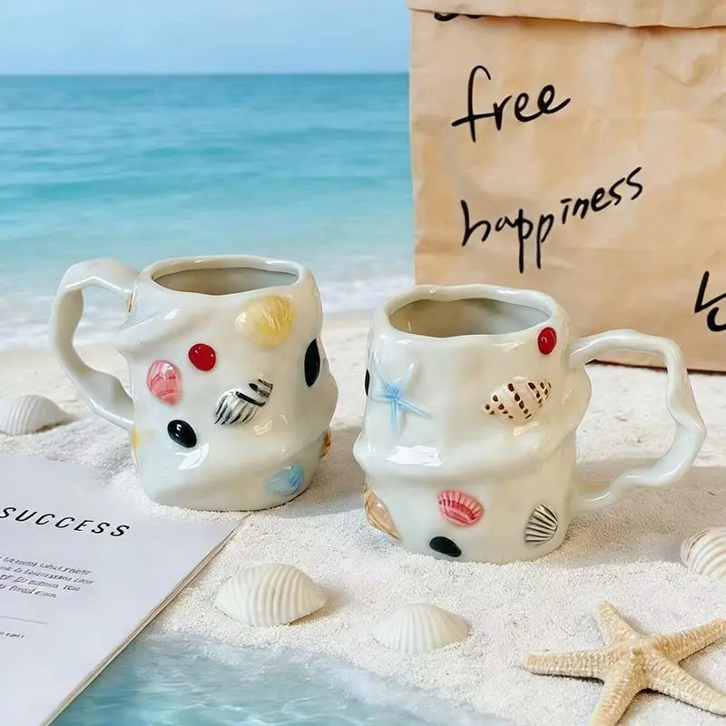 Hand-Painted Shell Mug, Ocean Theme Ceramic Coffee Cup, Cute Milk Cup, Creative Gift Cup, Wedding Present, Afternoon Tea Companion, Novelty Coffee Mugs, Ceramic Drinkware, Beverage Mug, Fun Ceramic Mug