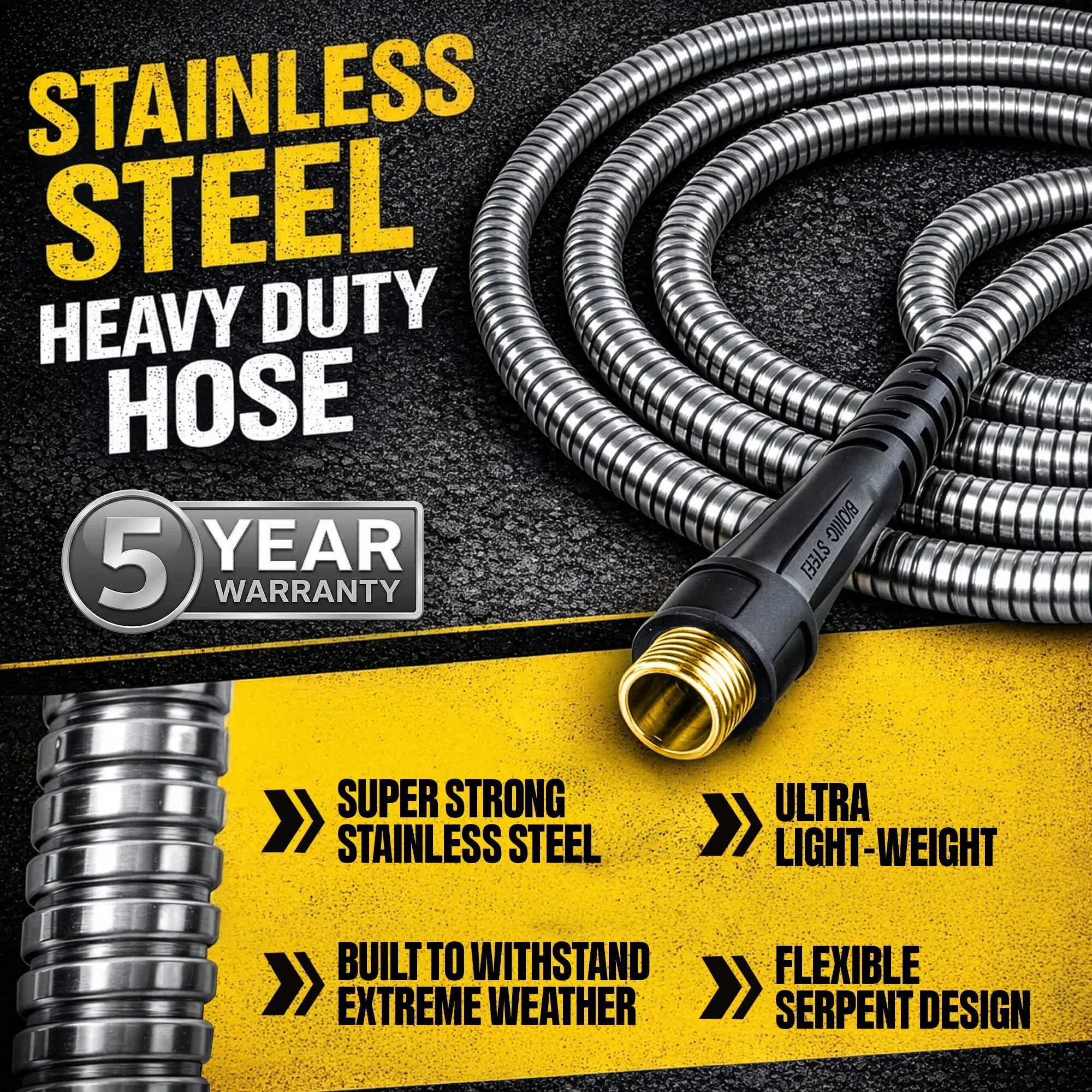 Bionic Steel PRO - 5/8 in. Heavy-Duty Stainless Steel Garden Hose with Brass Fittings - 25', 50', 75', 100', & 125'