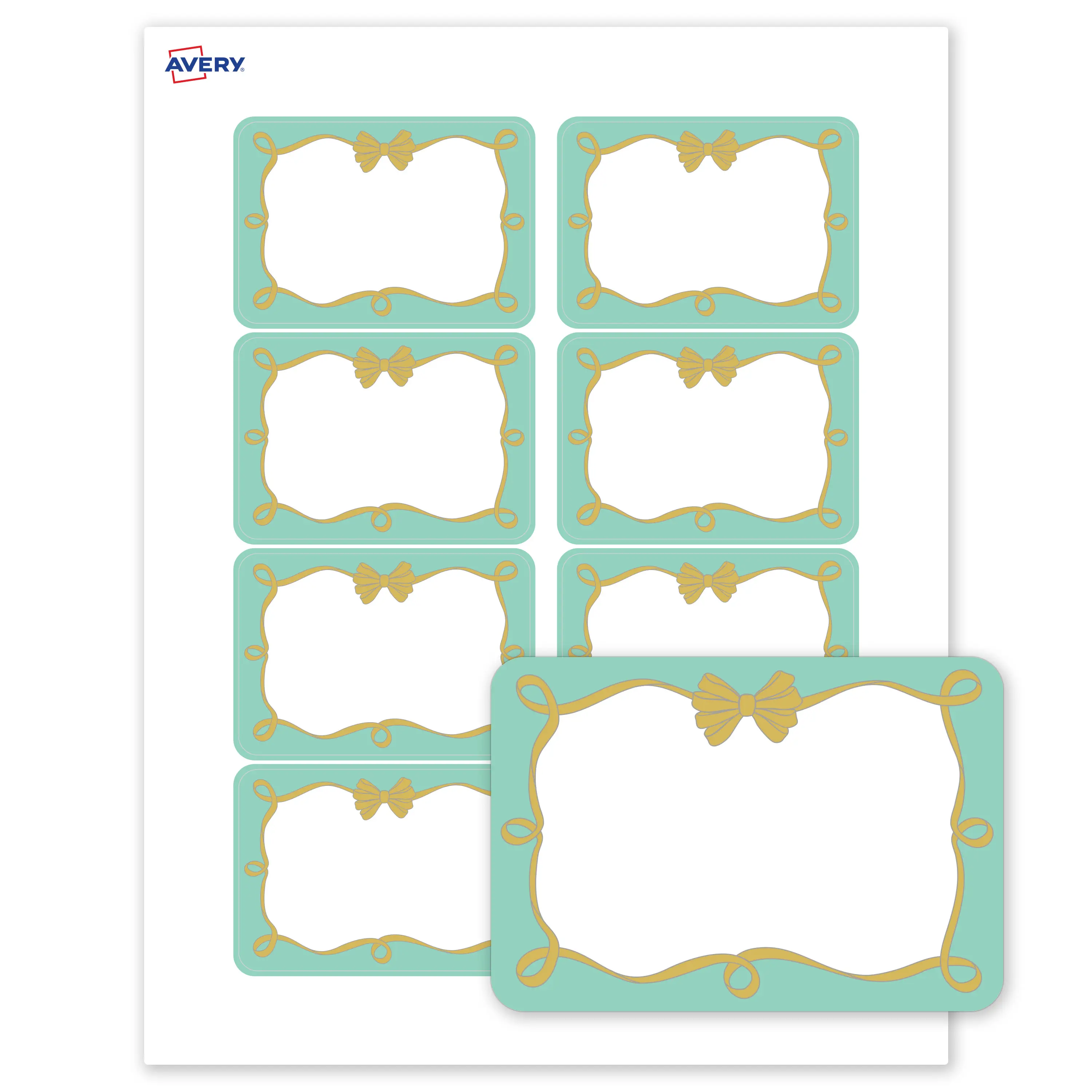 Avery® Printable Adhesive Name Tags Name Badges, 2-1/3" x 3-3/8", Matte White, Pre-printed Mint Border, Gold Bow Design Great for Weddings, Laser & Inkjet Compatible, 80 Total