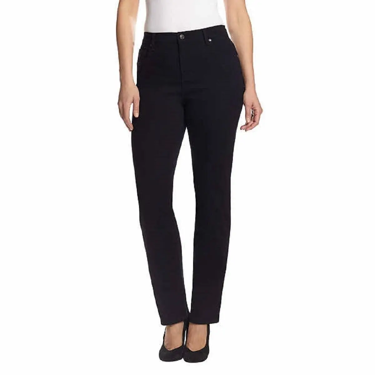 Gloria Vanderbilt Women's Petite Amanda Straight Leg Jeans, Classic Mid Rise 5-Pocket Style, Black Stretch Denim