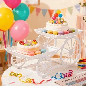 For Weddings, Parties, Birthdays & Holidays, Dessert Display Solution, 2-tier Plastic Cart-style Cake Stand, Ruffled Tray & Exquisite Wheel Pattern, Effortlessly Create Exquisite Dessert Display, Party Dessert Stand Supplies