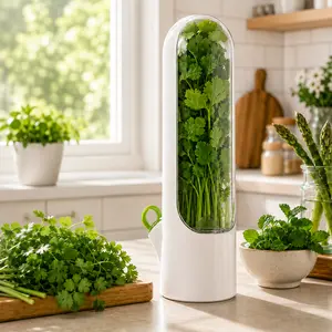 MIUVA Herb Keeper for Refrigerator, Transparent Herb Storage Container with Water Reservoir, Fresh Herb Saver for Cilantro, Mint, Parsley, Green Onions & Asparagus, Kitchen Fridge Organizer