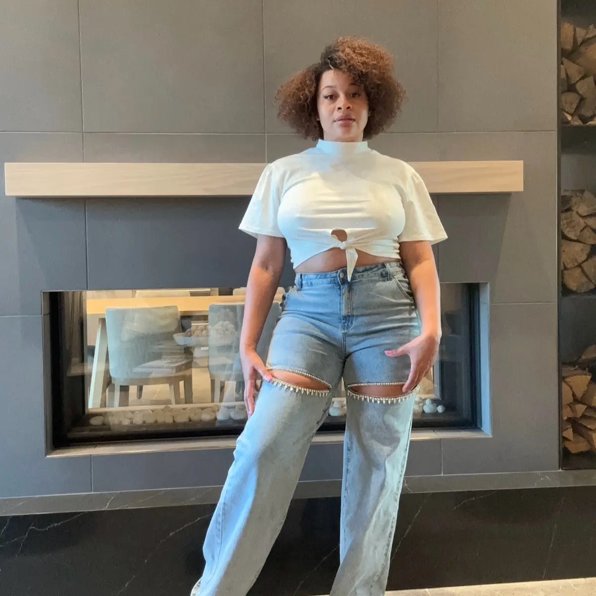 Cut Out Rhinestone Denim Women Casual
