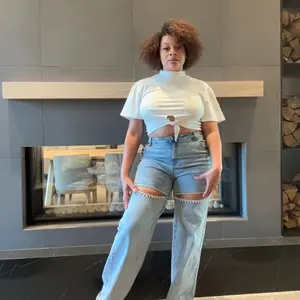 Cut Out Rhinestone Denim Women Casual