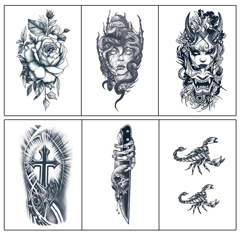 6 Large Graphic Tattoo Stickers, Including 1 With Floral Elements, 1 With Medusa, 1 With Cross And Other Elements. Lasts For 7-15 Days, Water-resistant And Resistant To Friction, With Realistic Effect. Suitable For Those Who Don't Want To Get A Tatt