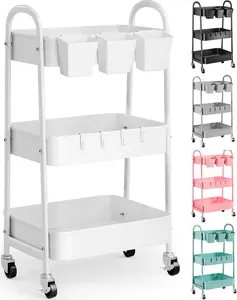 3 Tier Heavy Duty White Metal Rolling Cart with Lockable Wheels, Three Tier Roller Book Snack Cart, Utility Storage Organizer Carts for Kitchen, Bathroom, Garage,  Diaper, Craft, Art, Teacher