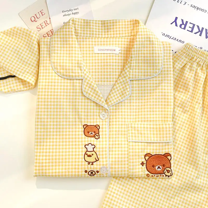 Rilakkuma Joke Bea pajamas for women spring and autumn long-sleeved trousers cartoon girl yellow plaid cute home clothe For All