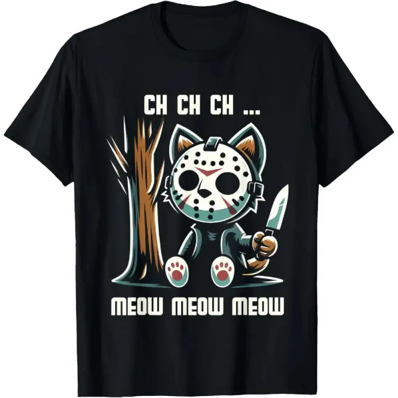 Cotton Retro Horror Movie Cat Graphic T-Shirt - Animal Graphic Tee, Short Sleeve, Holiday Casual Top for Men & Women