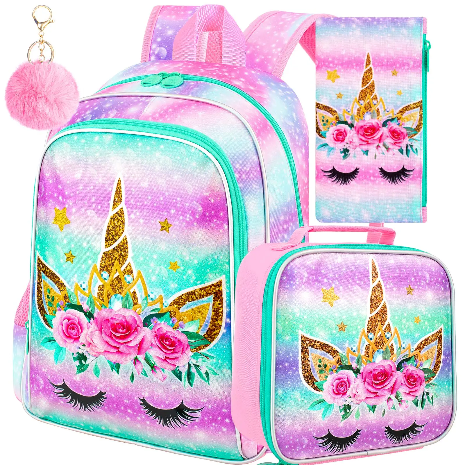 3PCS Unicorn Backpack for Girls, 16”Kids Bookbag with Lunch Box, Cute Water Resistant Elementary School Bag for Kindergarten Preschool Toddler