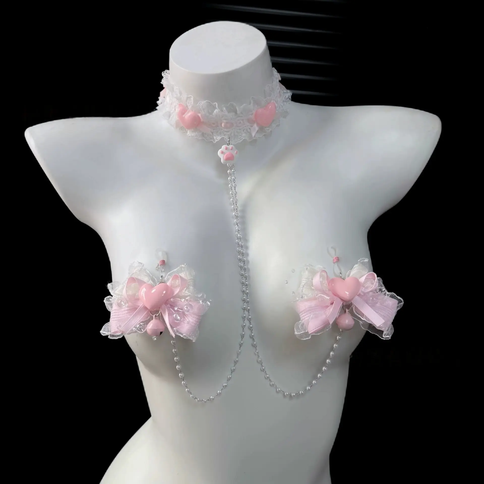 Pink Pearl Lace Bowknot Choker Bell Jewelry Set