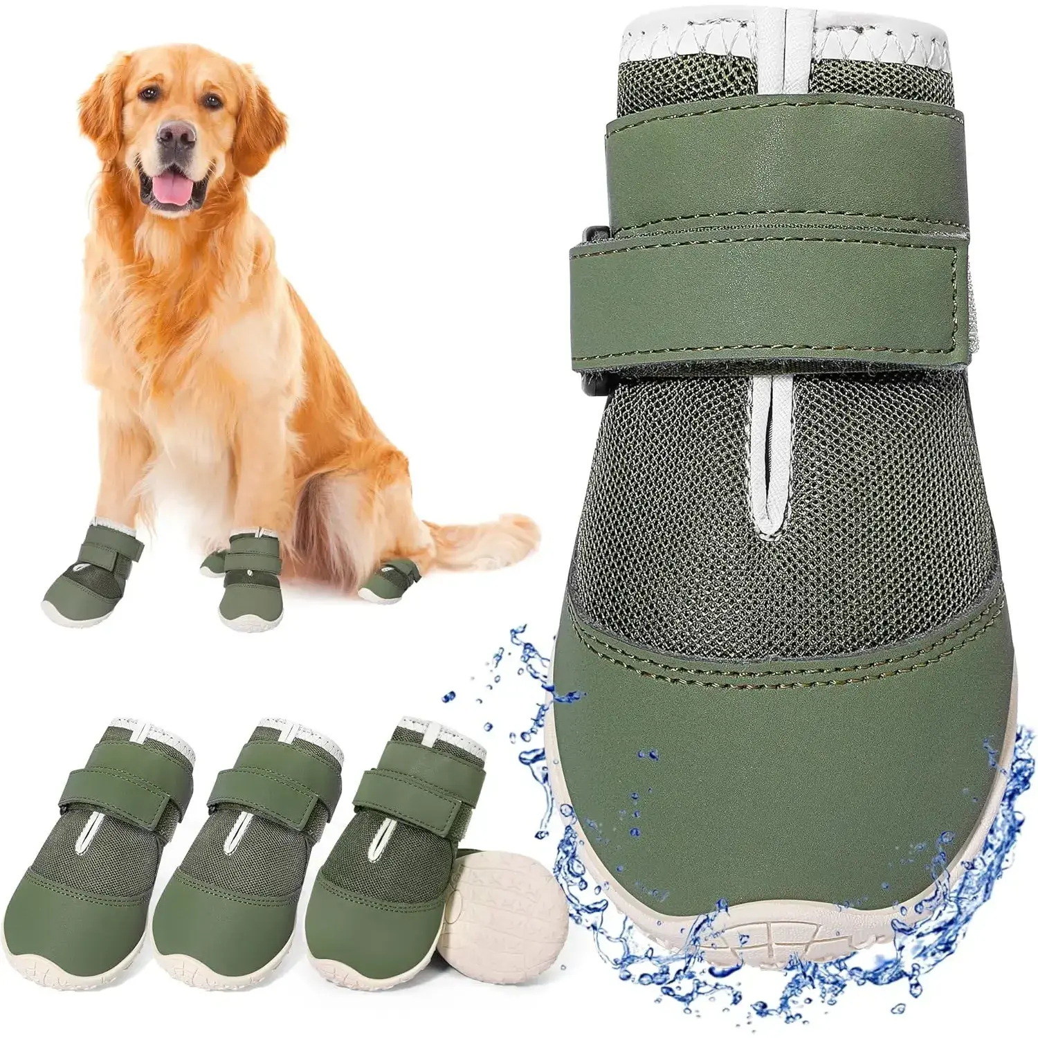 Dog Shoes for Large Dogs, Mesh Breathable Dog Boots & Paw Protectors for Hot Pavement Summer Winter Snow, 360° Anti-Slip Dog Booties for Hiking/Walking,Military Green 4PCS(Size 8)