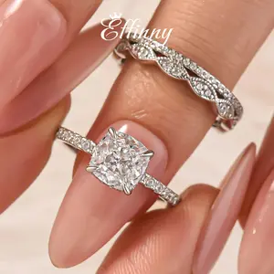 Effinny Jewelry 2.0 Carat Cushion Cut Wedding Ring Set With Eternity Wedding Band, 925 Sterling Silver Promise Ring, 5A Cubic Zirconia Travel Ring