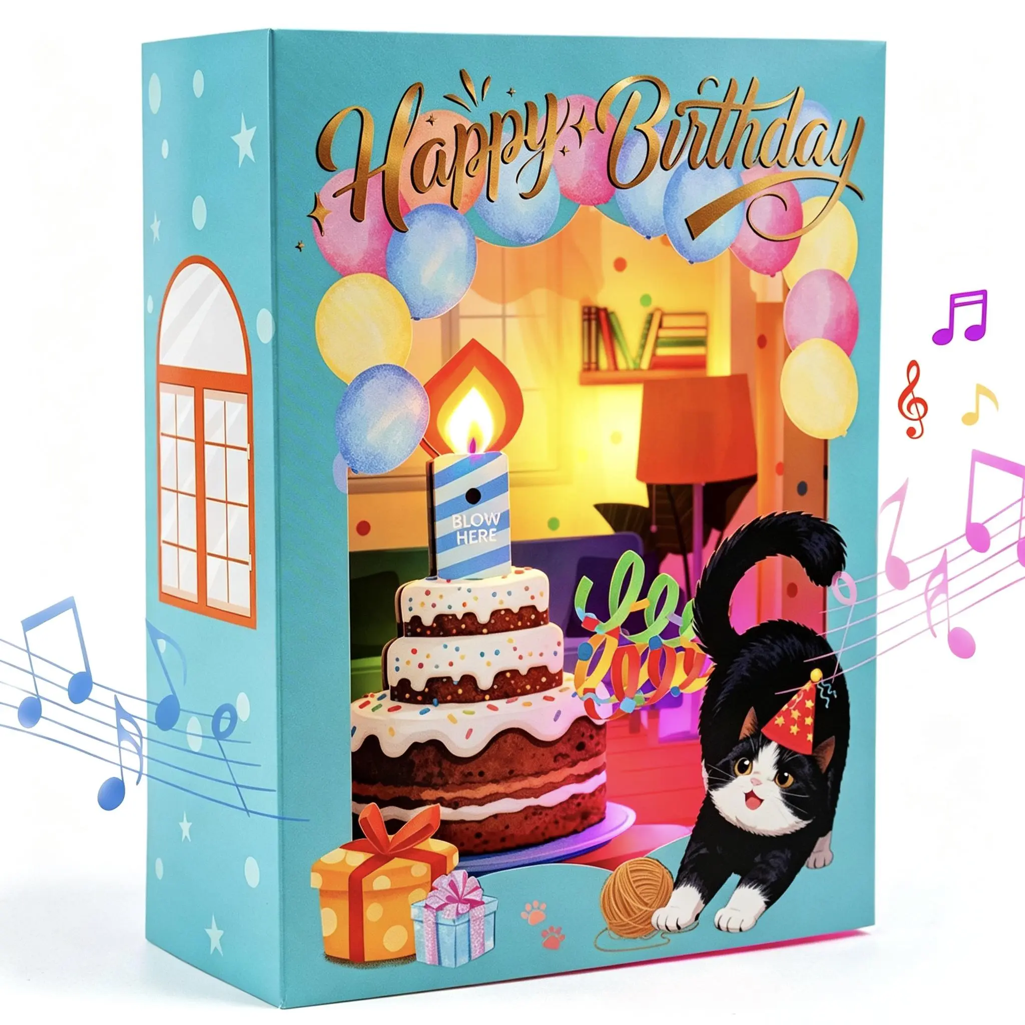4D Cat Birthday Card, Blow Out Candle Musical Light Up Pop Up Card, Funny Birthday Gift for Women, Cat Lovers, Friends,Unique Birthday Gift with Surprise Fun Party Cards Interactive Greeting Card