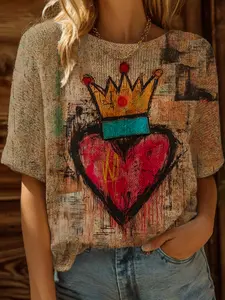 Spring Summer Knit Top, Fitted One Shoulder Short Sleeve, Colorblock Crown Heart Print, Casual Elegance Commute Wear, Boho Beach Style