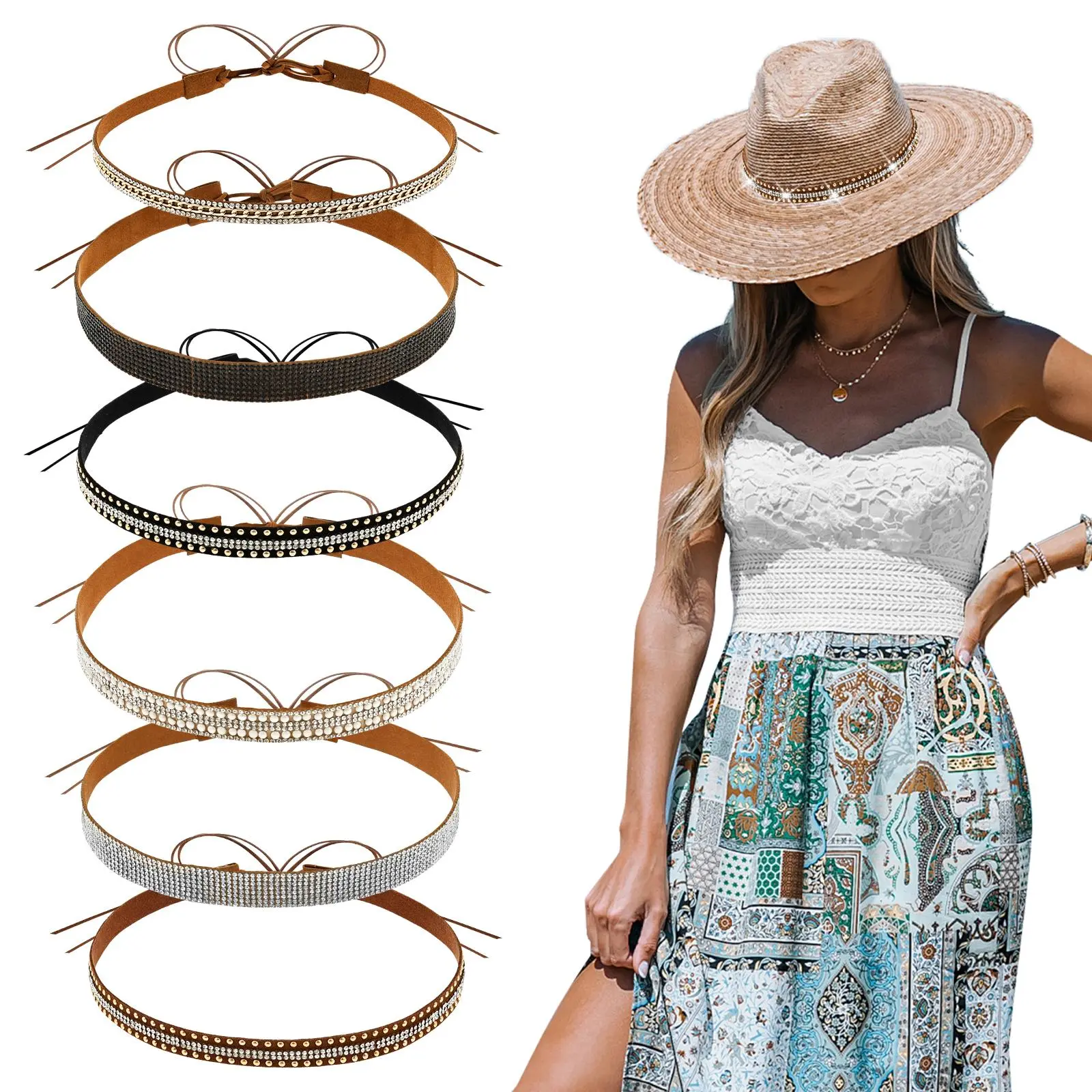 Women's Elegant 6-Piece Decorative Leather Bling Rhinestone Adjustable Western Hat Band Set, Fashion Accessories