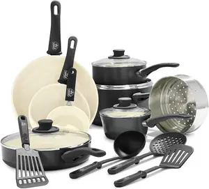 16 Piece Nonstick Cookware Set, Soft Grip Non-Toxic PFAS-Free Ceramic Pots & Pans, Dishwasher & Oven Safe, Frying, Sauce, Utensils, Glass Lids, Stay-Cool Handles, Wobble Free, Black & Cream