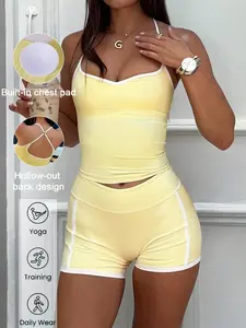 Women's Yoga Set, Square Neck Cross Back Top & High-Waisted Shorts, Slim Fit Elastic Wrap Design, Stretchy Suit Set, Casual Gym Wear for All Seasons, Sportswear Set