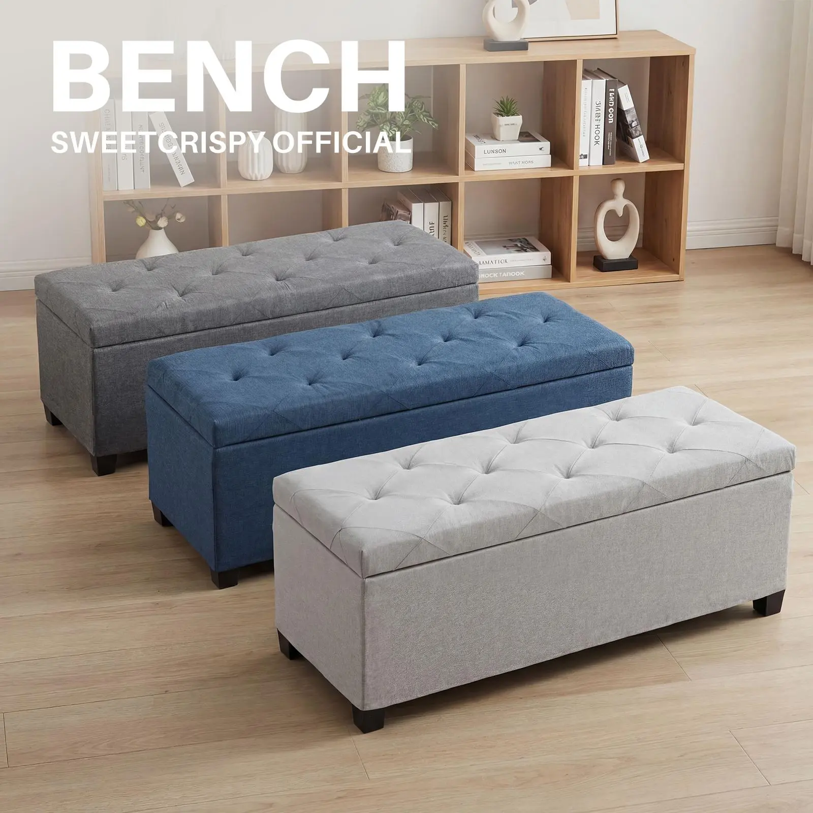 Tufted Storage Ottoman Bench - Upholstered Indoor Stool & Bench with Sturdy Legs, Ample Storage, End-of-Bed Chest & Footrest for Living Room, Bedroom