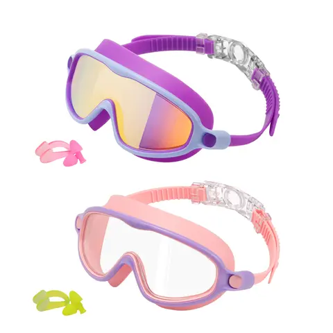 GOECI Kids' 2-Pack Youth Children's Fog-Free Swim Goggles for Boys & Girls Ages 3-15 - Anti-UV, Wide Vision, Waterproof, Leak-Free, Durable Design with Nose Clip for Outdoor Water Sports