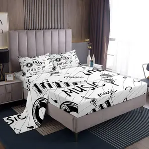 Music Themed Bed Sheet Set,Black and White Music Note Bedding Set for Boys Girls,Musical Pattern Retro Music Microphone Vinyl Records Fitted Sheet