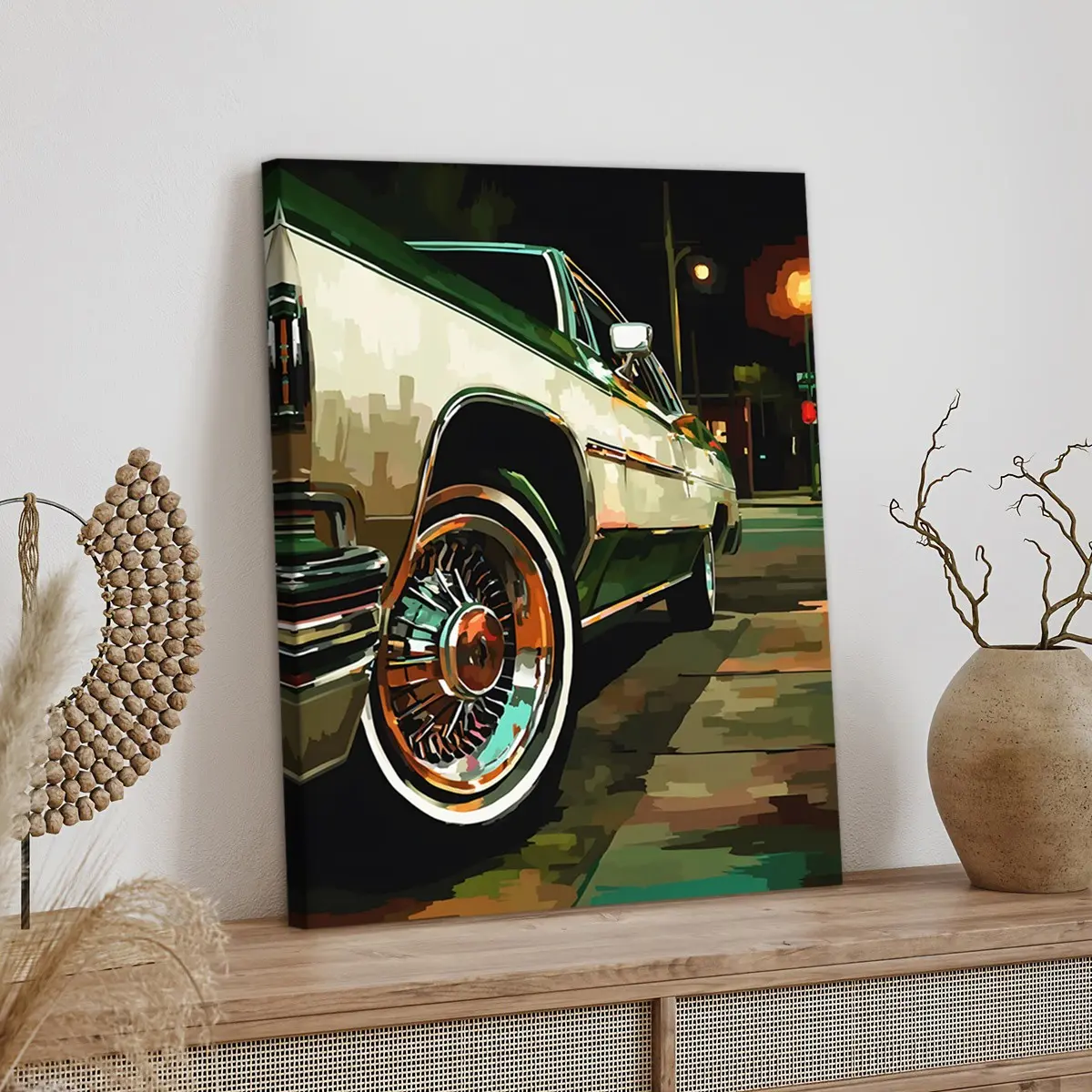 1pc Wooden Framed, Moody Vintage Lowrider Car Print Art, Retro Stylized Classic American Car Poster, Night Street Scene, Urban Decor, Wall Art Canvas Painting, For Bathroom, Bedroom, Office, Living Room, Home Decor