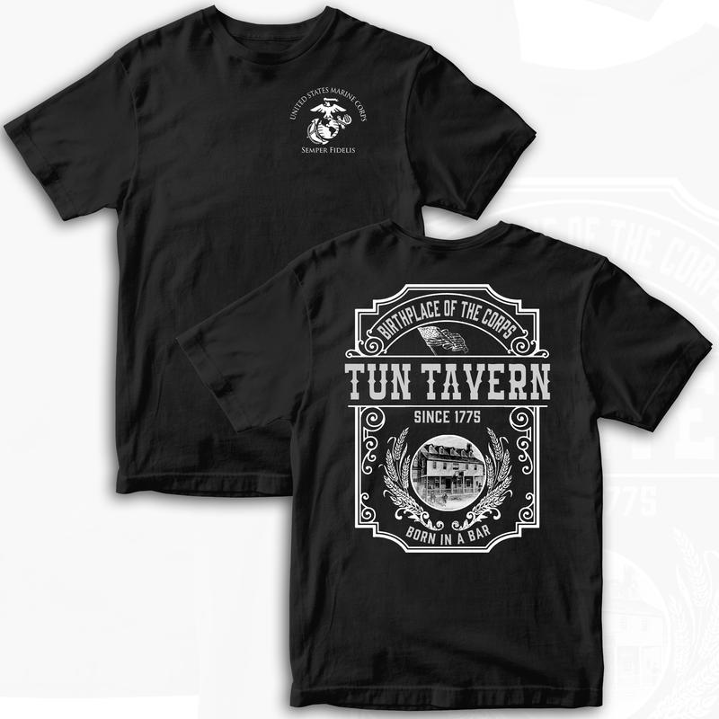 Men’s Loose-Fitting Short Sleeve Crew Neck Patriotic Print USMC Tun Tavern T-Shirt – Unisex Soft Cotton Normal Type Top, Casual Streetwear, Made in USA Veteran Gift, Pull-On, Machine Washable, XXL Historic Apparel, Halloween, Multi-Function