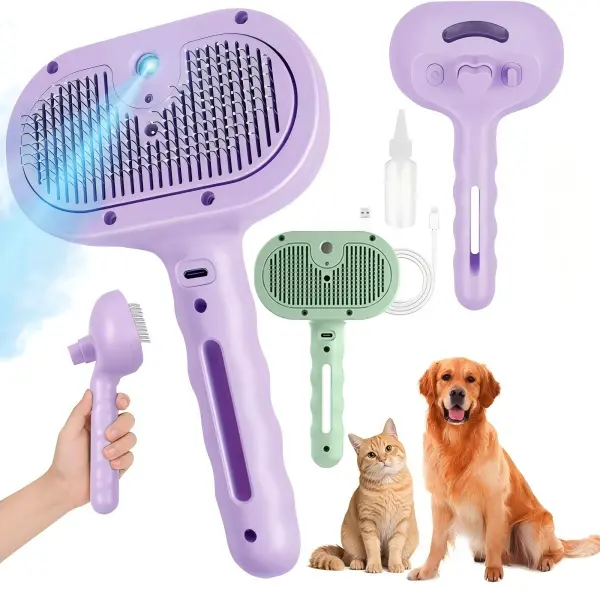 Blue light model  steam brush,Dog brush,  brush, pet spray, steam brush, for dogs and , anti-static hair removal , hair , grooming tools for long and short-haired pets, purple stuff