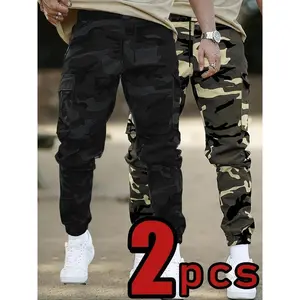 New 2-Pack Casual Polyester Camo Cargo Pants - Drawstring Waist, Multiple Pockets, Cuffed Ankle, Non-Stretch Woven Fabric, Regular Fit