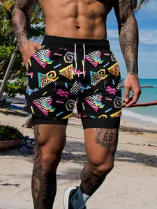 Men's Vintage Geometric Style Two-Layer Beach Shorts, Fitted Cut Trendy Quick-Dry Fitness Pants, Casual Sportswear for Parties and Playdates, Graphic Shorts