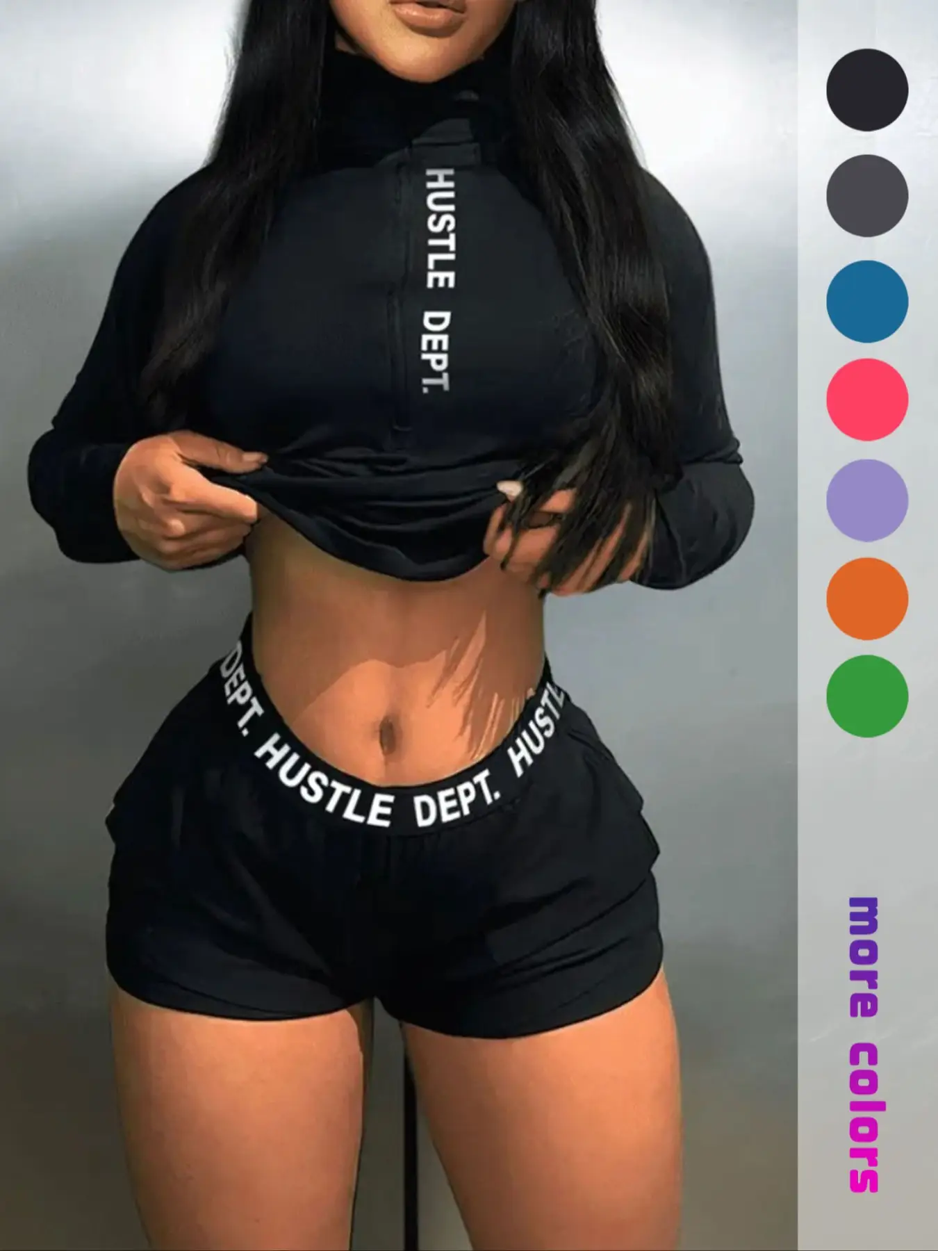 Women's Letter Print Long Sleeve Tee & Zipper Pocket Shorts Set, Casual High Neck T-shirt & Tape Shorts for Spring & Fall, Ladies Clothes for Daily We