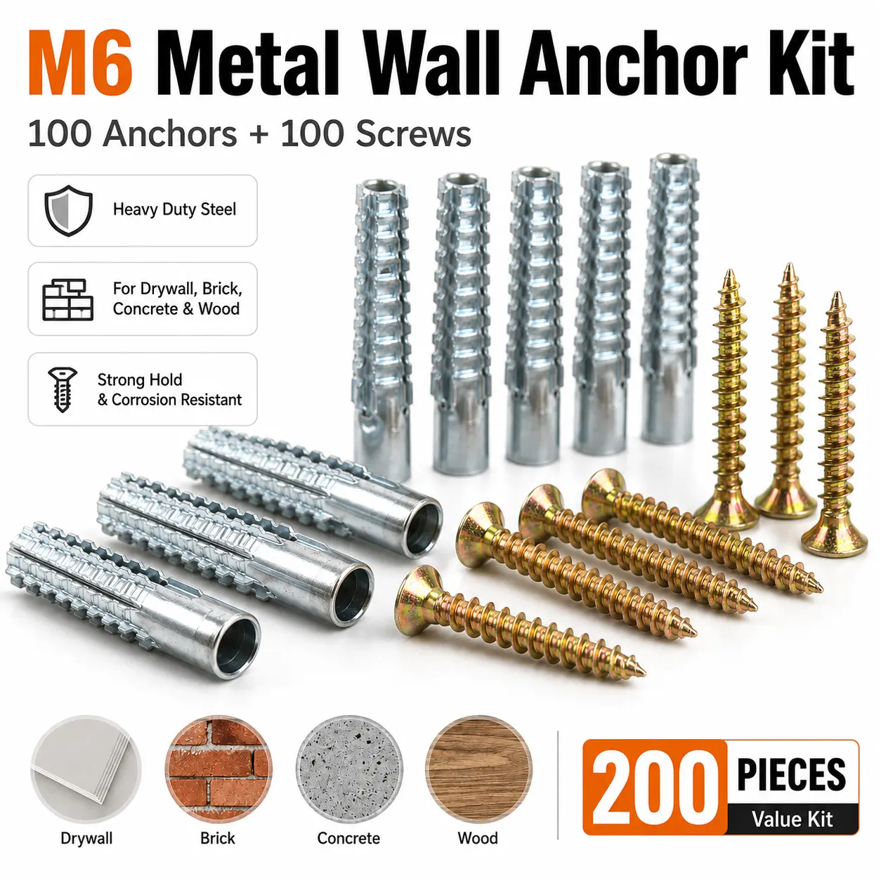 200 Pcs M6 Metal Wall Anchor and Screw Kit, Heavy Duty Hollow Wall Anchors for Drywall, Brick, Concrete, Wood Wall, Cabinet and Hinge Hole Repair