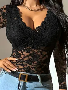 Women's Sexy Floral Lace V-Neck Long Sleeve Bodysuit Tops, Elegant Transparent Tight Fit, Fashion Streetwear for All Seasons