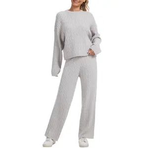 Women's Cable Knit Sweater Lounge Set  Long Sleeve Pullover Top with Wide Leg Pants, 2 Piece Cozy Outfit