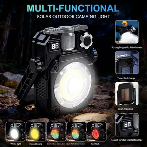 New Solar Camping Light Type-C Rechargeable Outdoor COB Work Light Magnetic Multi-Source LED Infinite Dimming Emergency Red Warning White Yellow Transition Main Rainbow Cycle Light