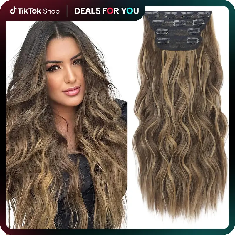 AISI HAIR Glueless Clip-in Curly Wave Extensions, 4PCS 20-24in Thick Heat Resistant Synthetic Fiber Hairpieces with Secure Clips - Women's Bonus Hair Accessories for Ponytail Hairstyles