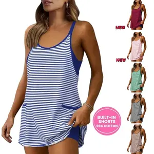 Tanming Women's Summer Athletic Mini Dress Sleeveless V Neck Built-in Shorts Striped Tennis Workout Vacation