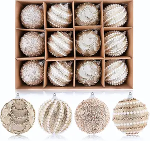 Champagne Glitter Christmas Ball Ornaments - Shatterproof Foam Xmas Ornaments for Tree & Indoor Holiday Decorations, 80mm (3.15 inches), Pack of 12